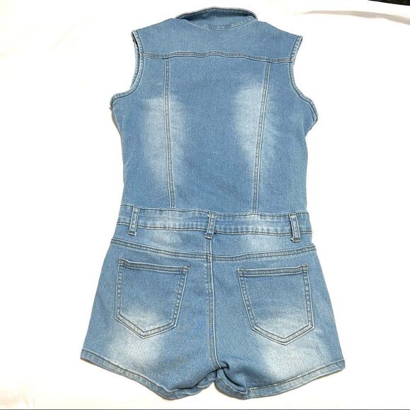 Y2K Denim Romper Jumpsuit Shorts Sleeveless Stretch Button Up Collared Size M - Picture 2 of 14